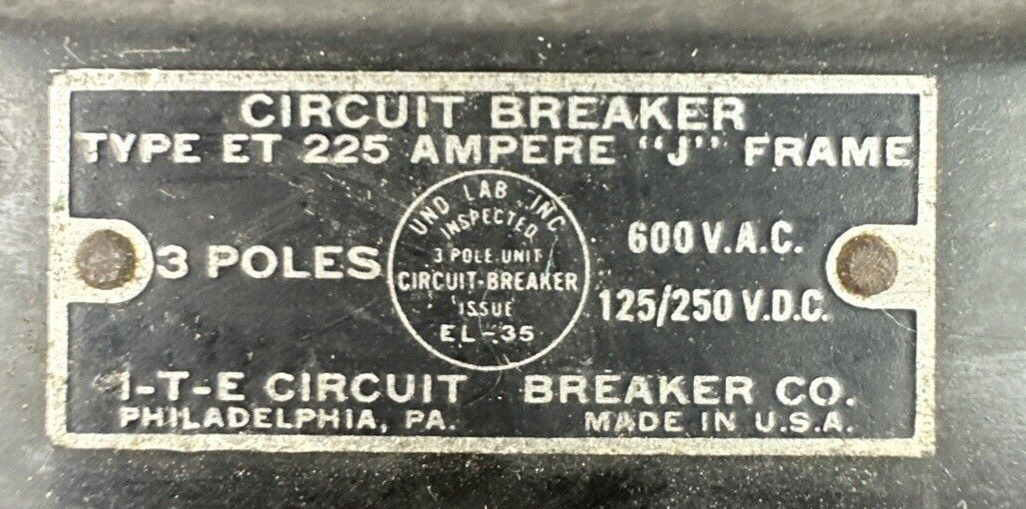 ITE ET5913 CIRCUIT BREAKER 125A 600VAC 125/250VDC 3P TYPE ET 225 AMP "J" FRAME
