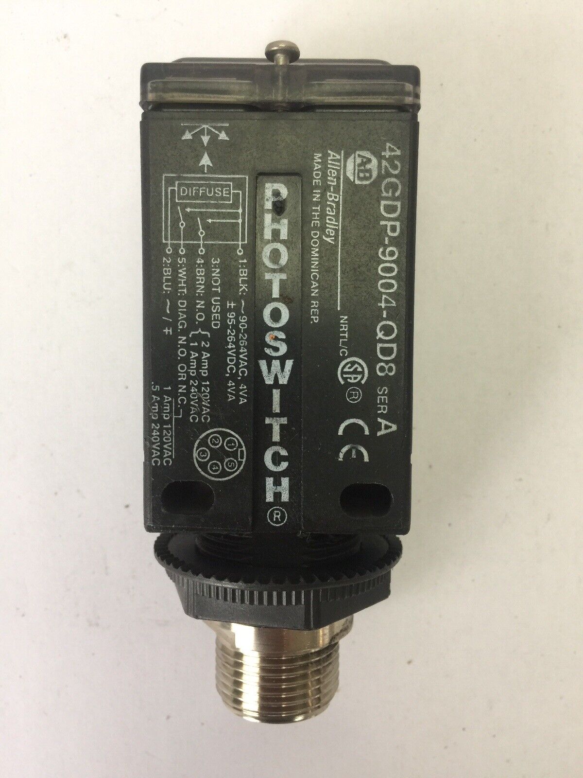 ALLEN BRADLEY 42GDP-9004-QD8 PHOTOSWITCH DIFFUSE DIAGNOSTIC SENSOR 90-264VAC