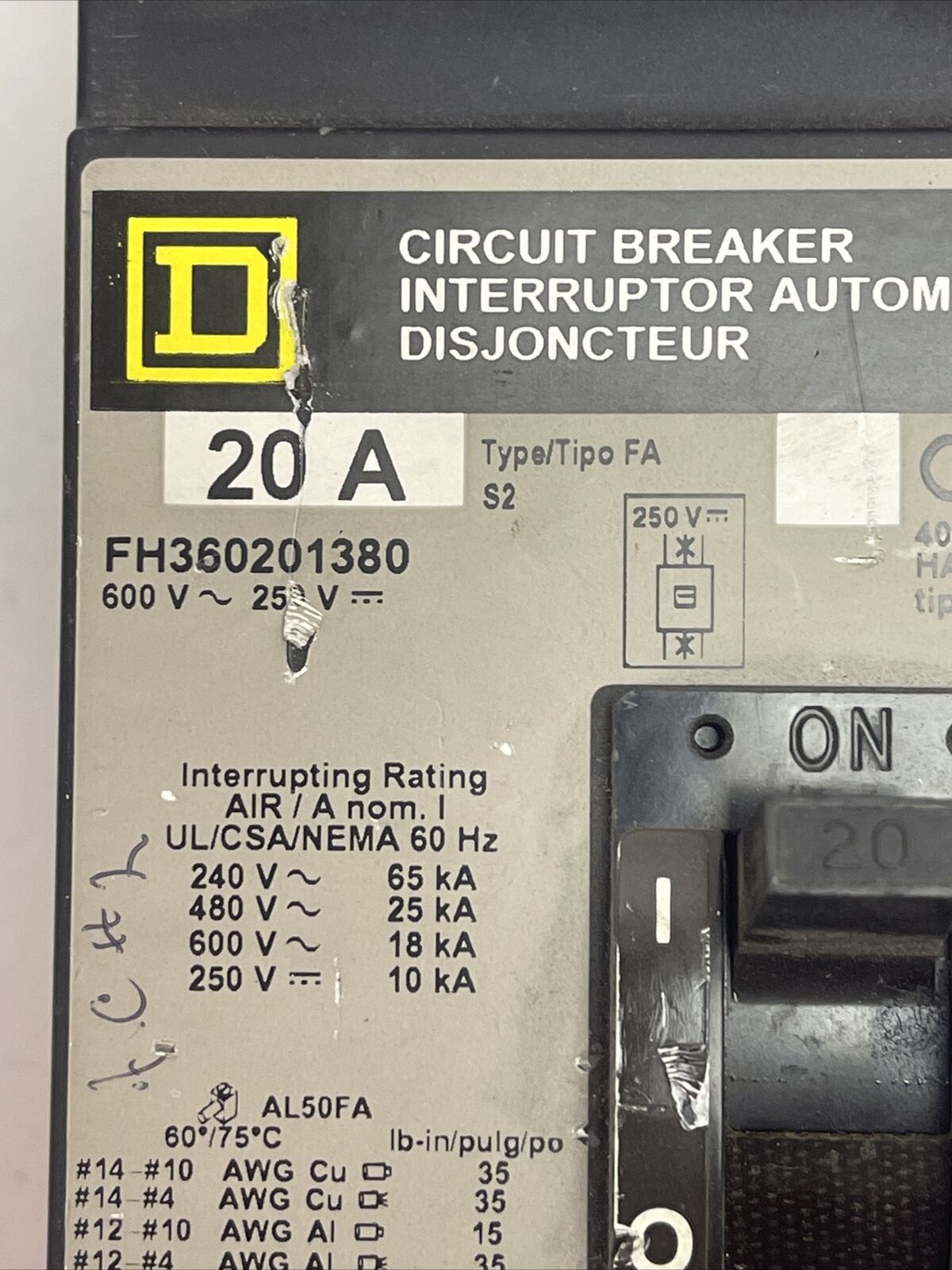 SQUARE D FH360201380 CIRCUIT BREAKER 20A 600VAC 250VDC 3POLE