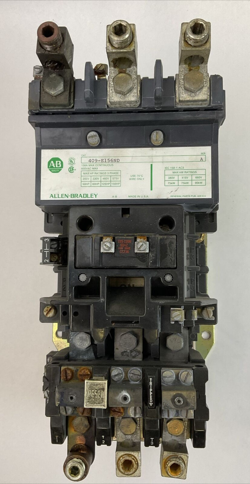 ALLEN BRADLEY 409-E156ND STARTER 600VAC 156A SER A COIL 115-120V 60HZ