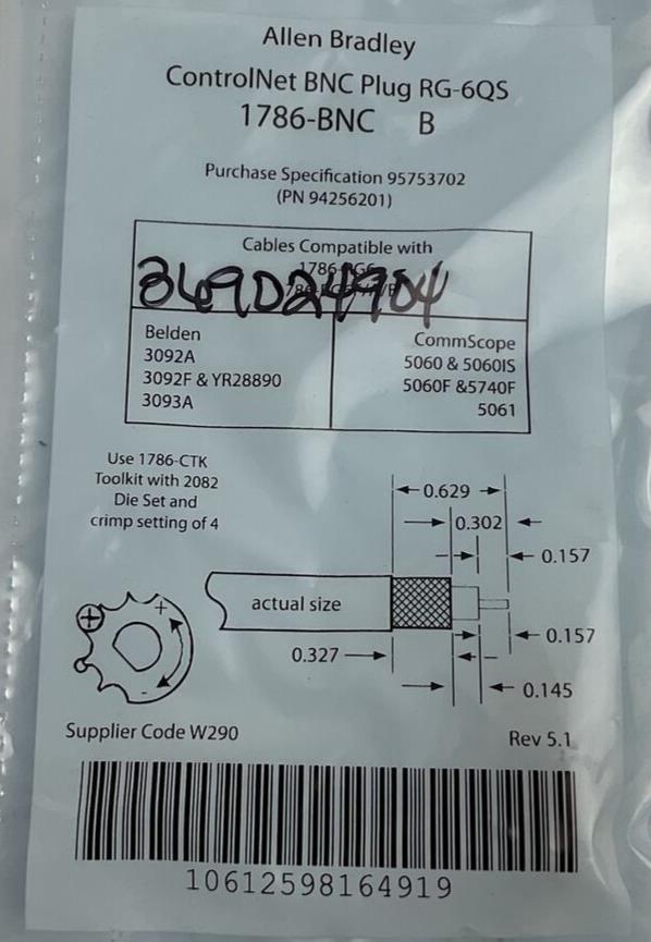 ALLEN BRADLEY 1786-BNC/B CONTROLNET BNC PLUG RG-6QS REV 5.1 ***LOTOF20***