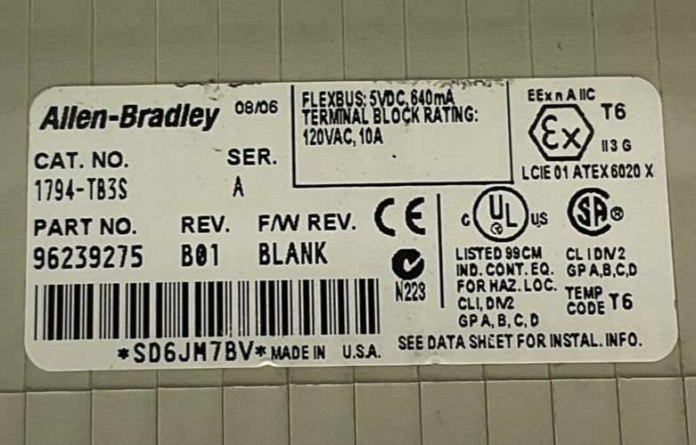 ALLEN BRADLEY 1794-TB3S SER A REV B01 F/W REV BLANK I/O TERMINAL BASE
