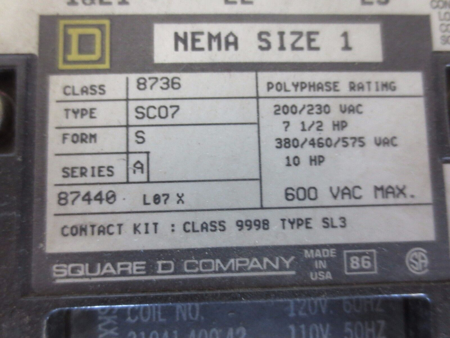 SQUARE D 8736 SCO7 SIZE 1 REVERSING STARTER - 110/120V COIL - 10HP - 27A
