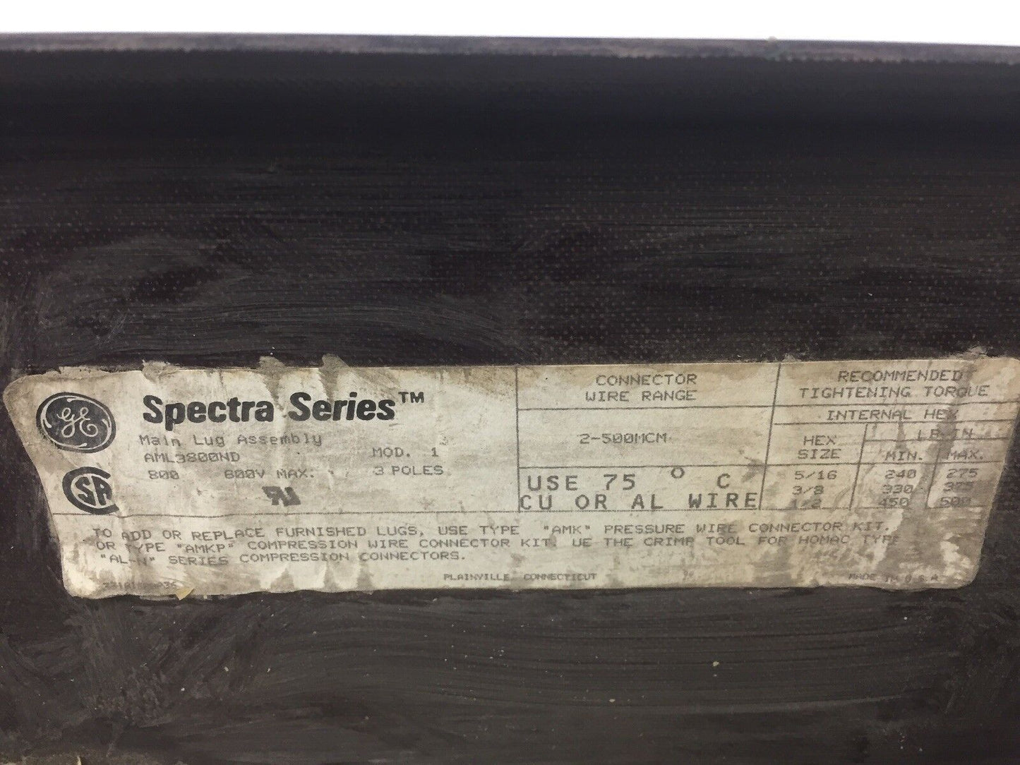 GE SPECTRA SERIES AML3800ND MAIN LUG ASSEMBLY 800 AMP 600V MAX 3 POLES