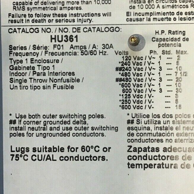 SQUARE D SAFETY SWITCH HU361 SER.F01 30A TYPE1 600VAC