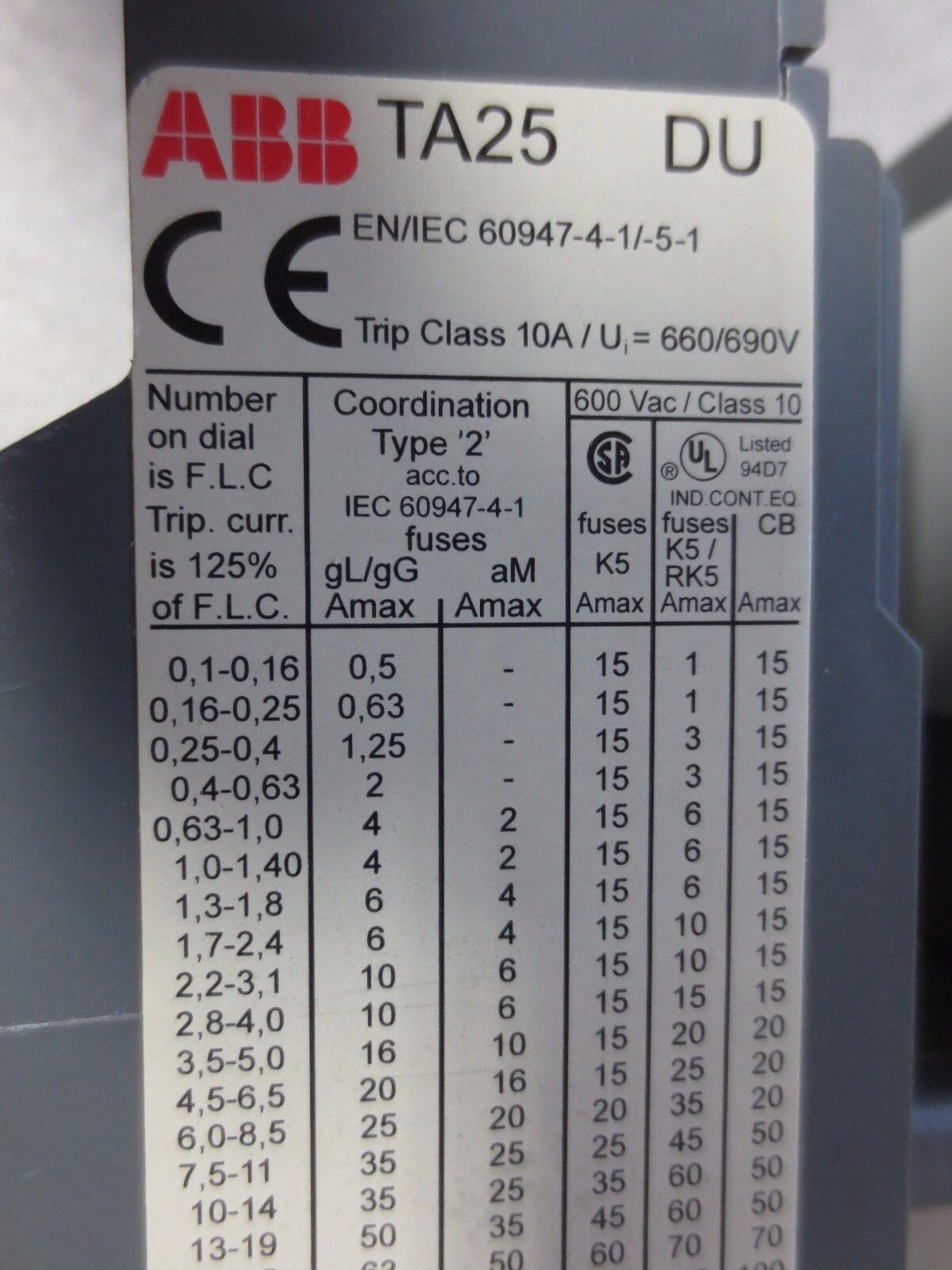 ABB A12-30-10 CONTACTOR + TA25 DU OVERLOAD RELAY ASSEMBLY