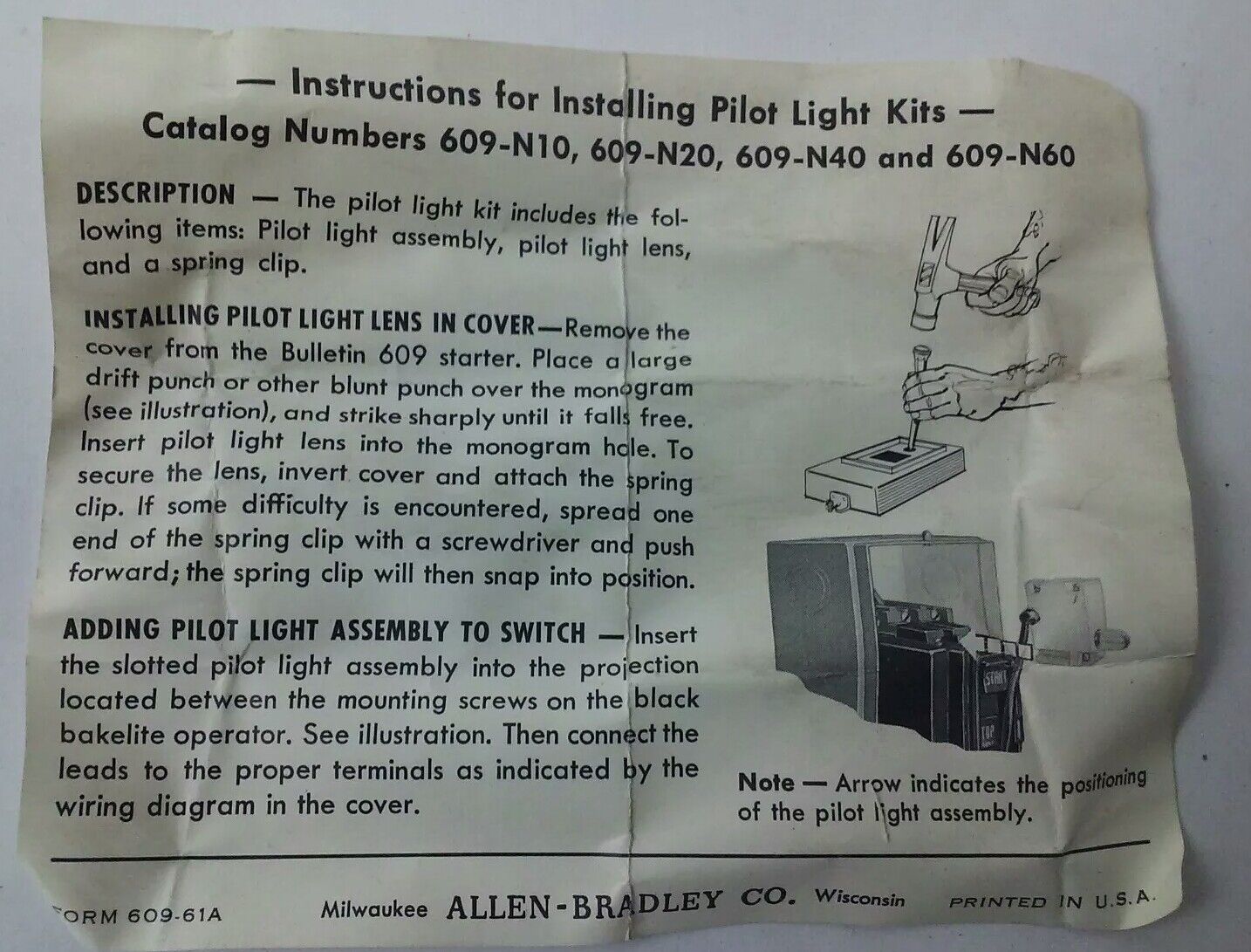 ALLEN BRADLEY 609-N20 SERIES E, PILOT LIGHT KIT, 240V, B2A(NE51H) LAMP