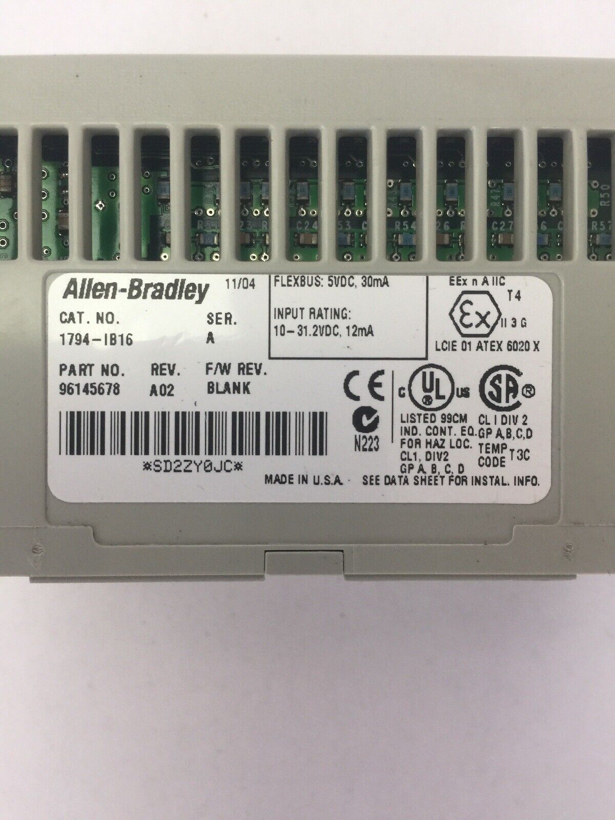 ALLEN BRADLEY 1794-IB16 24VDC SINK INPUT MODULE SER A REV A02 F/W REV BLANK
