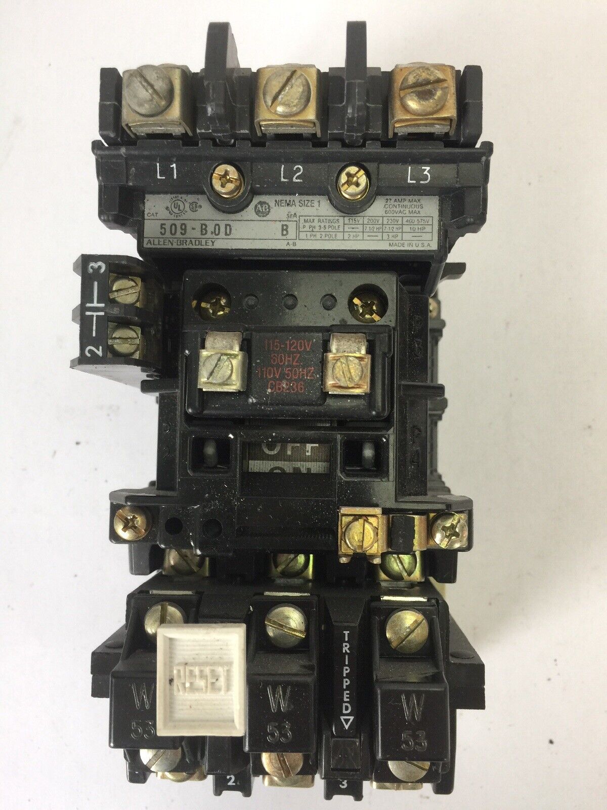ALLEN BRADLEY 509-B0D SIZE 1 STARTER 600VAC 27AMP 10HP W53 HEATERS 120V COIL