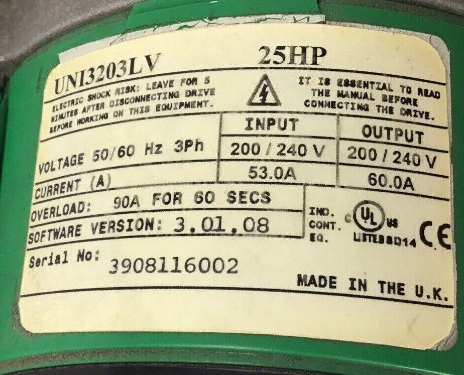 CONTROL TECHNIQUES UNI3203LV SPINDLE DRIVE 25HP 50/60HZ 3PH 240V 60A UNIDRIVE V3
