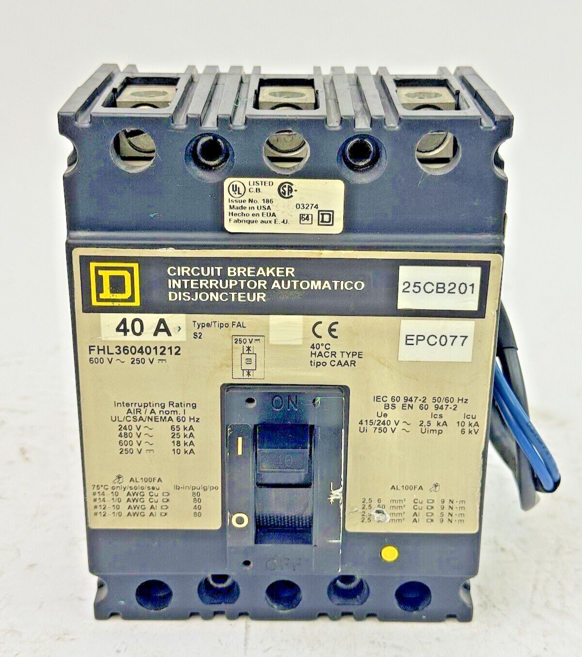 SQUARE D - FHL360401212 - MAG-GARD CIRCUIT BREAKER W/ AUX - 40A/3 POLE/600VAC