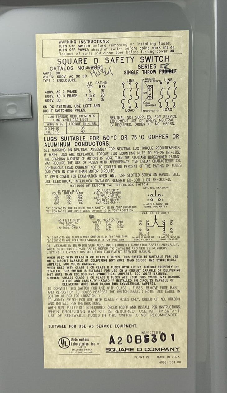 SQUARE D HU361 SAFETY SWITCH NON-FUSIBLE SER.ER 30A 600V