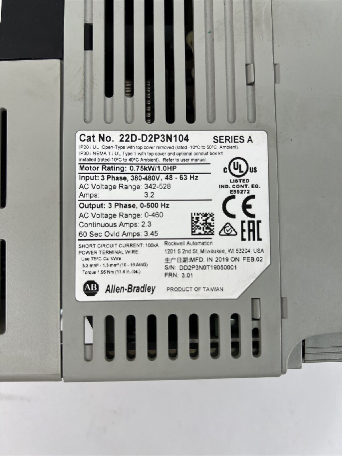 Allen Bradley PowerFlex 40P 22D-D2P3N104 See. A 1HP 480V