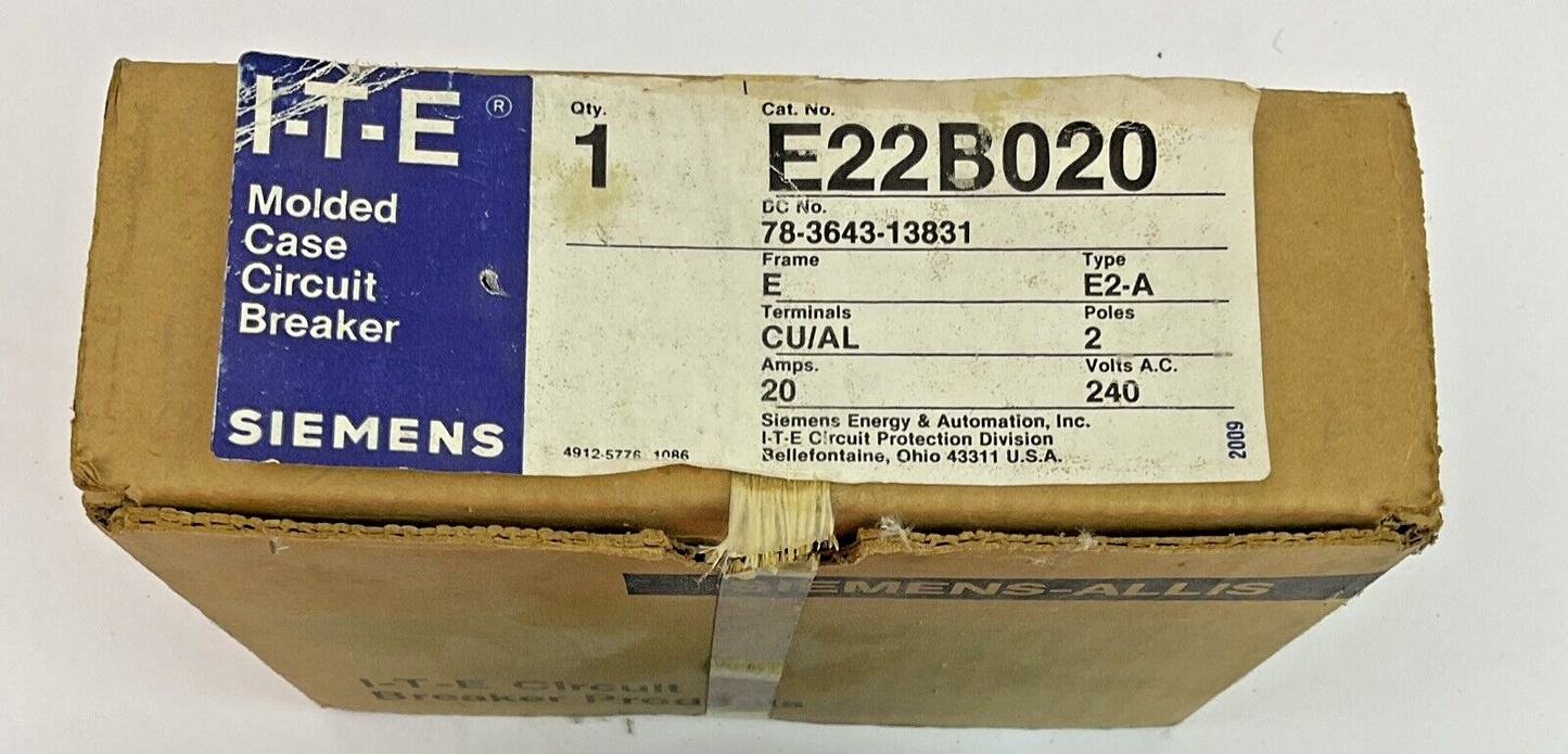 SIEMENS E22B020 CIRCUIT BREAKER FRAME E 240VAC 2POLE 20AMP