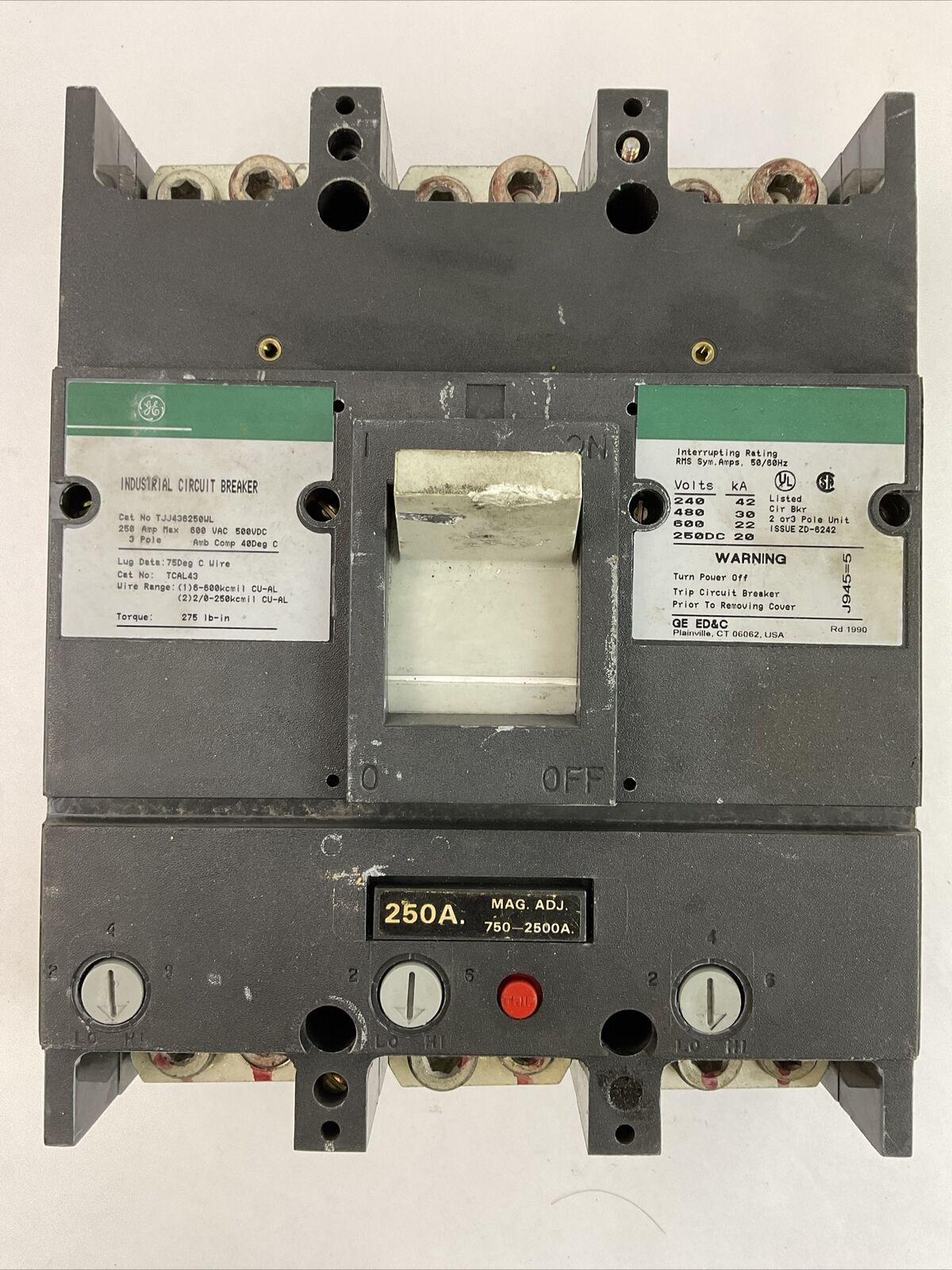 GE TJJ436250WL INDUSTRIAL CIRCUIT BREAKER 250AMP 600VAC 500VDC 3POLE