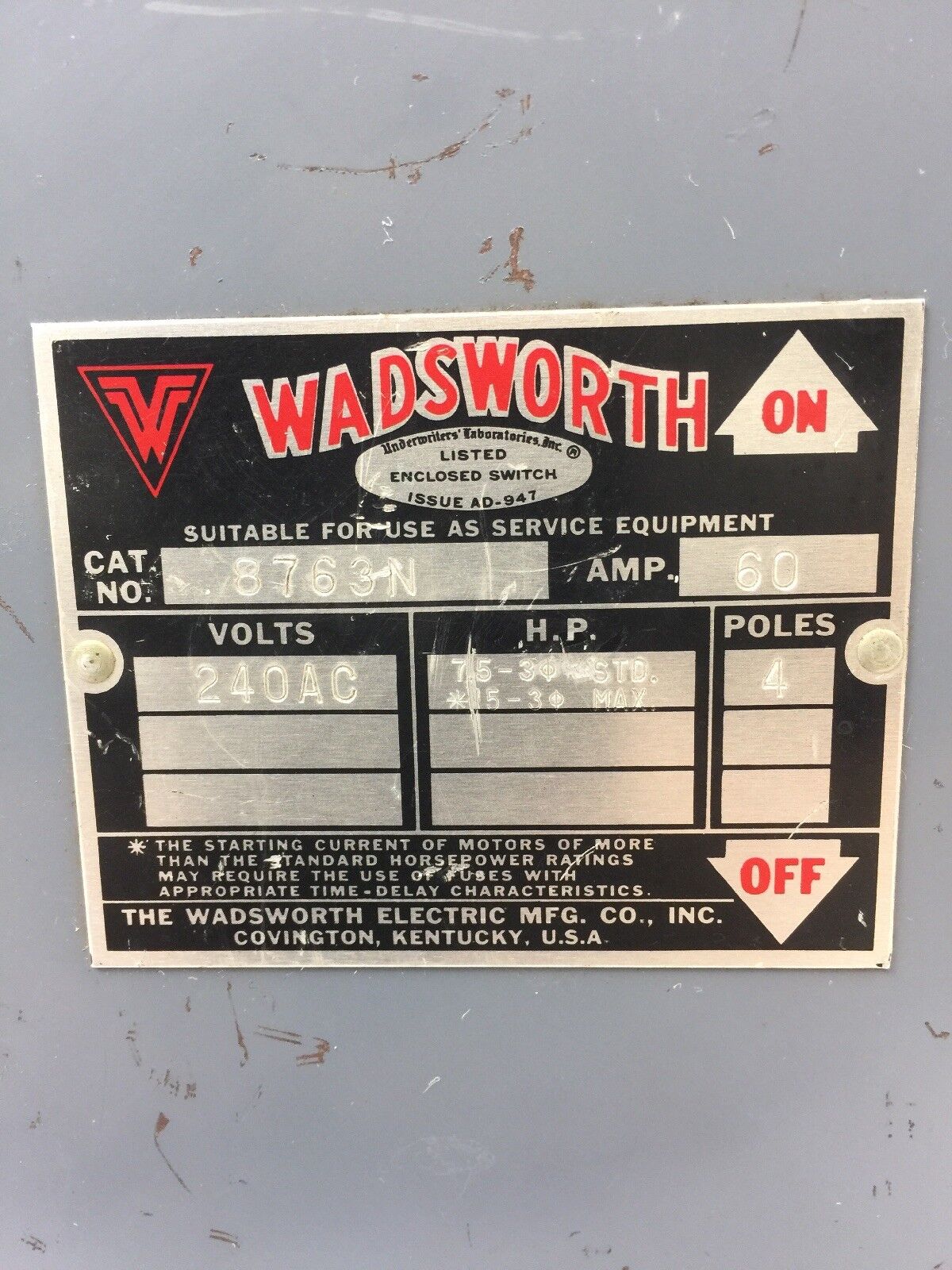 WADSWORTH 8763N SAFETY SWITCH 240 VAC 60 AMPS 4 POLES
