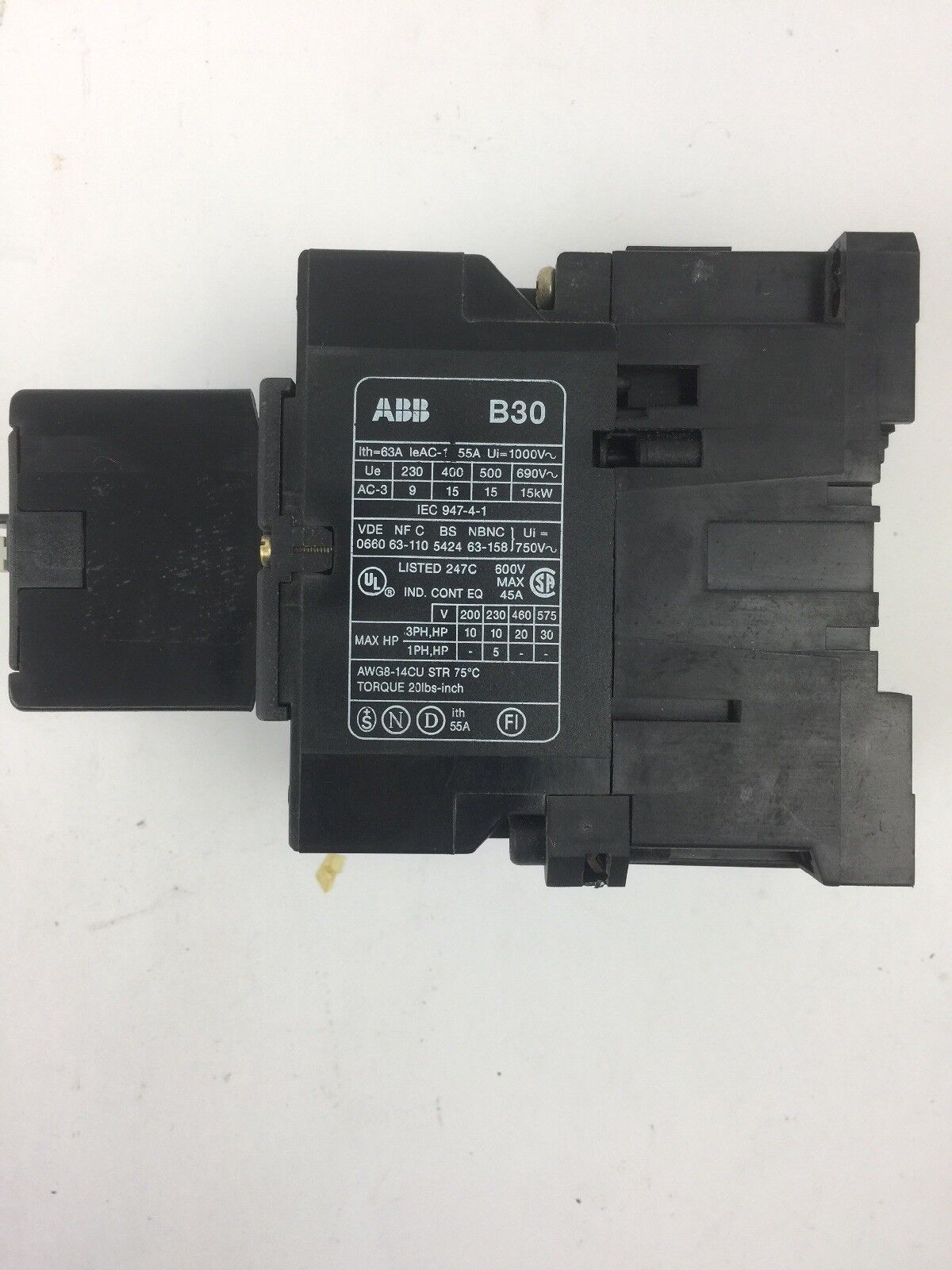ABB B30-30-22 CONTACTOR 600V 45A COIL 277 V 60 HZ 240 V 50 HZ