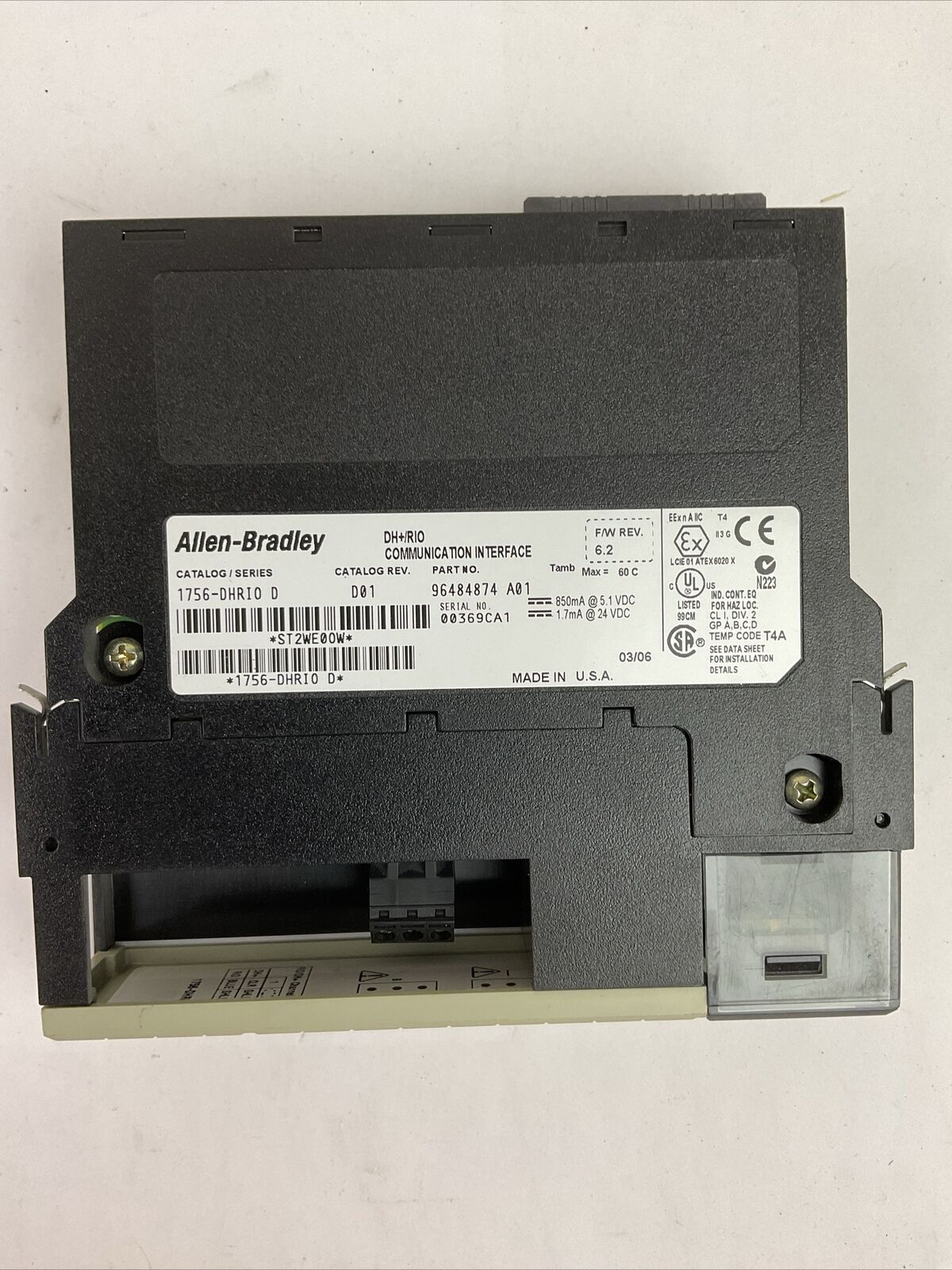 ALLEN BRADLEY 1756-DHRIO SER D CAT REV D01 F/W REV 6.2 DH+/RIO COMMUNICATIONS