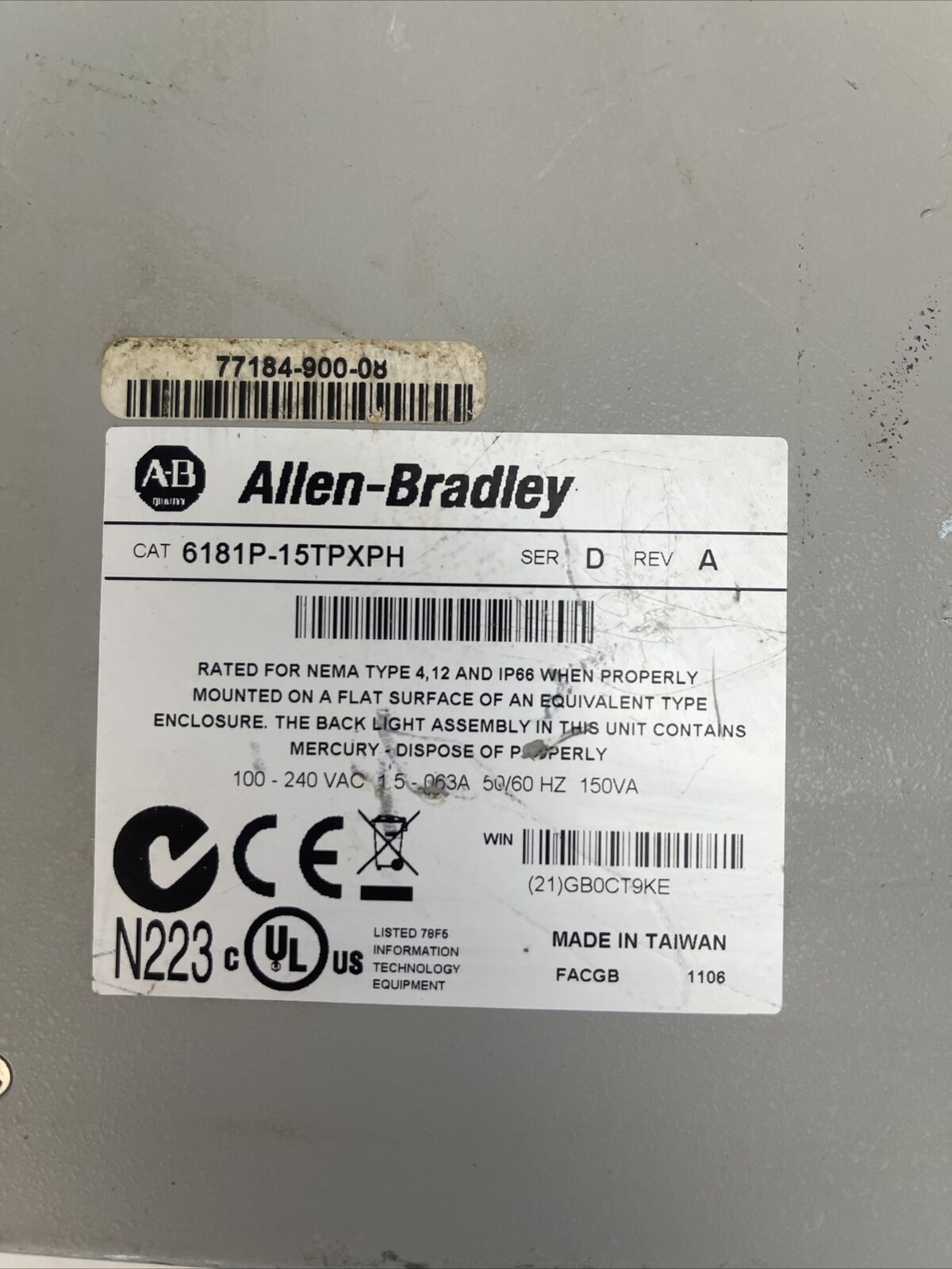 ALLEN BRADLEY 6181P-15TPXPH SER D REV A 100-240VAC