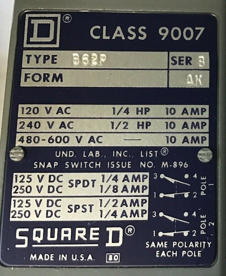 SQUARE D 9007 B62P LIMIT SWITCH SER. B