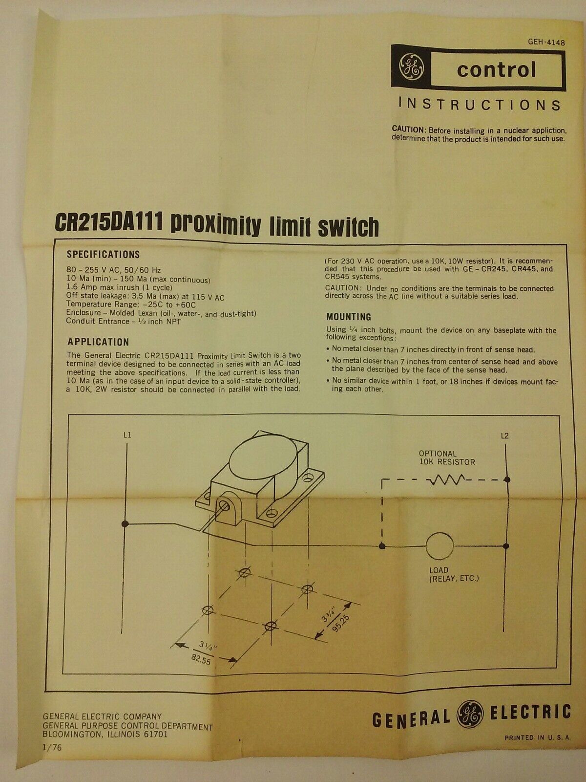 GENERAL ELECTRIC, CR215DA211, PROXIMITY LIMIT SWITCH, 115V 50/60HZ, CR215D, NEW