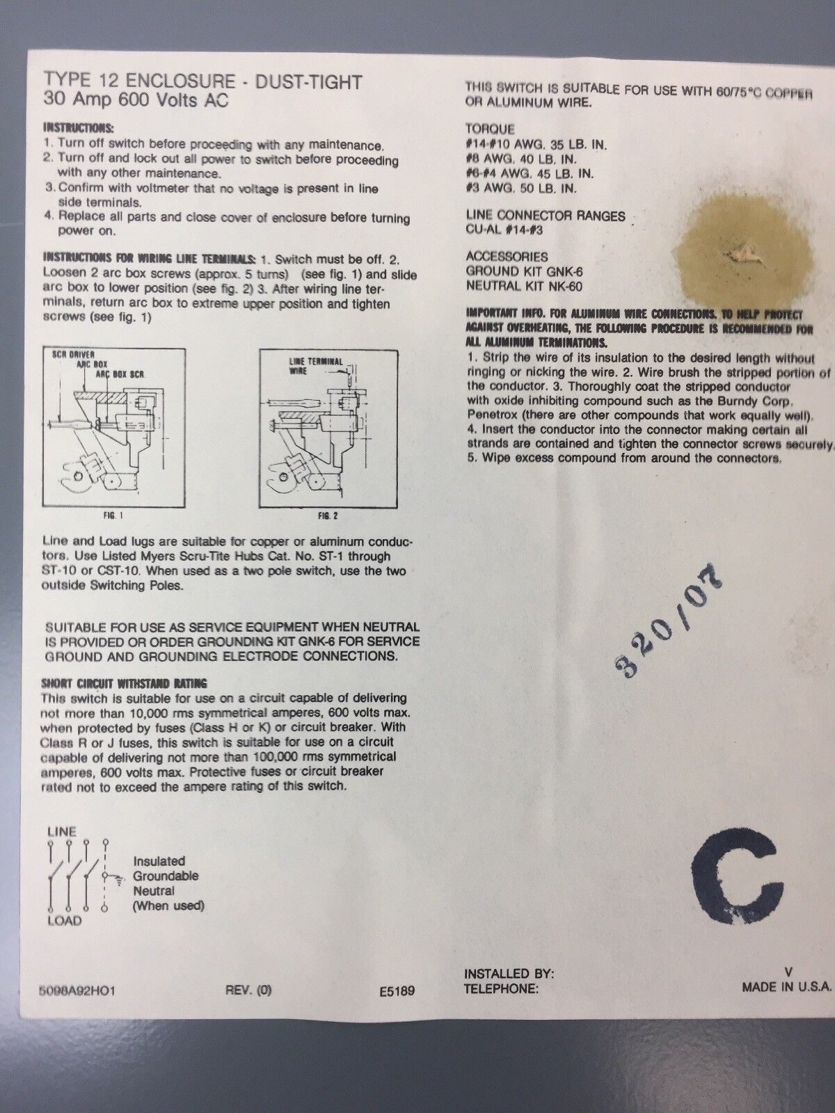 WESTINGHOUSE JHUN361 HEAVY DUTY SAFETY SWITCH 600 VAC 30 AMP