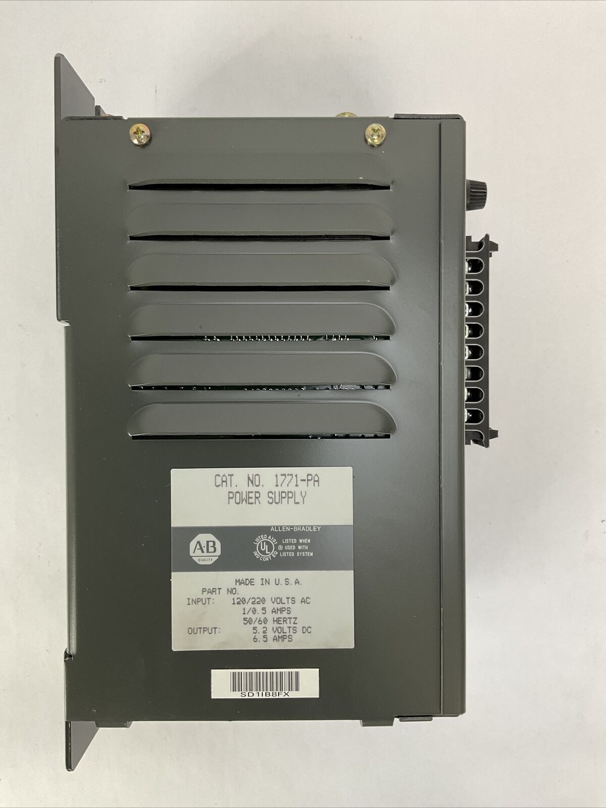 ALLEN BRADLEY 1771-PA POWER SUPPLY OUTPUT 5.2VDC 6.5A INPUT 120/220VAC 1/0.5A