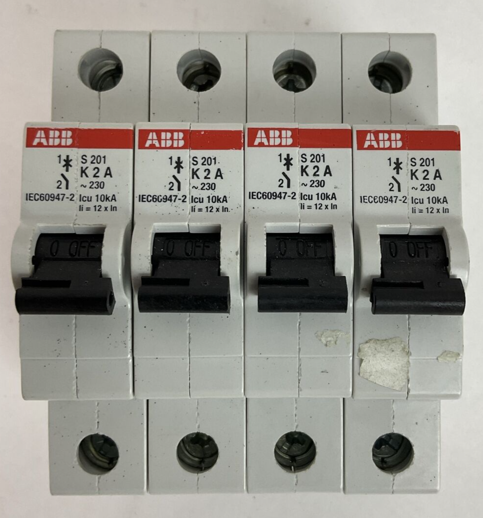 ABB S 201 K 2 A CIRCUIT BREAKER 2AMP 230VAC 1POLE 2CDS251001R0277 (LOT OF 4)