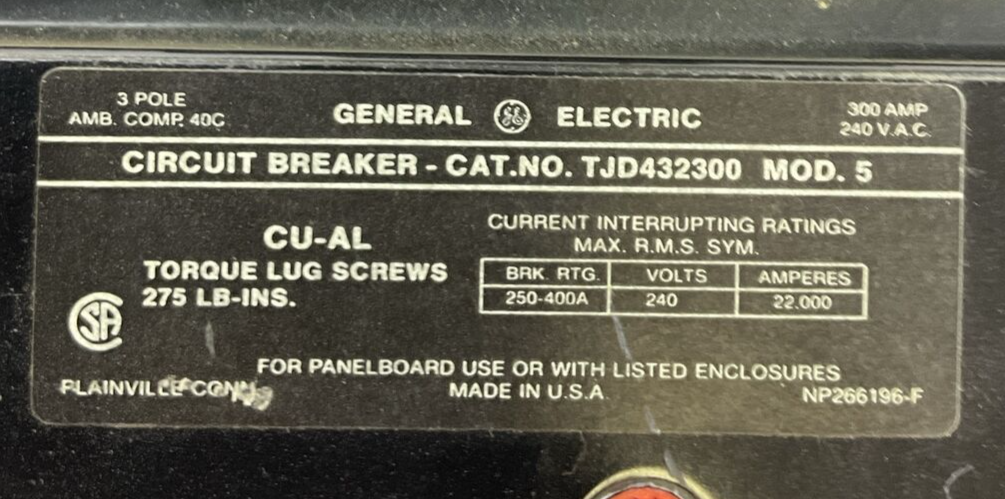 GE TJD432300 MOD 5 CIRCUIT BREAKER 300AMP 240VAC 3POLE
