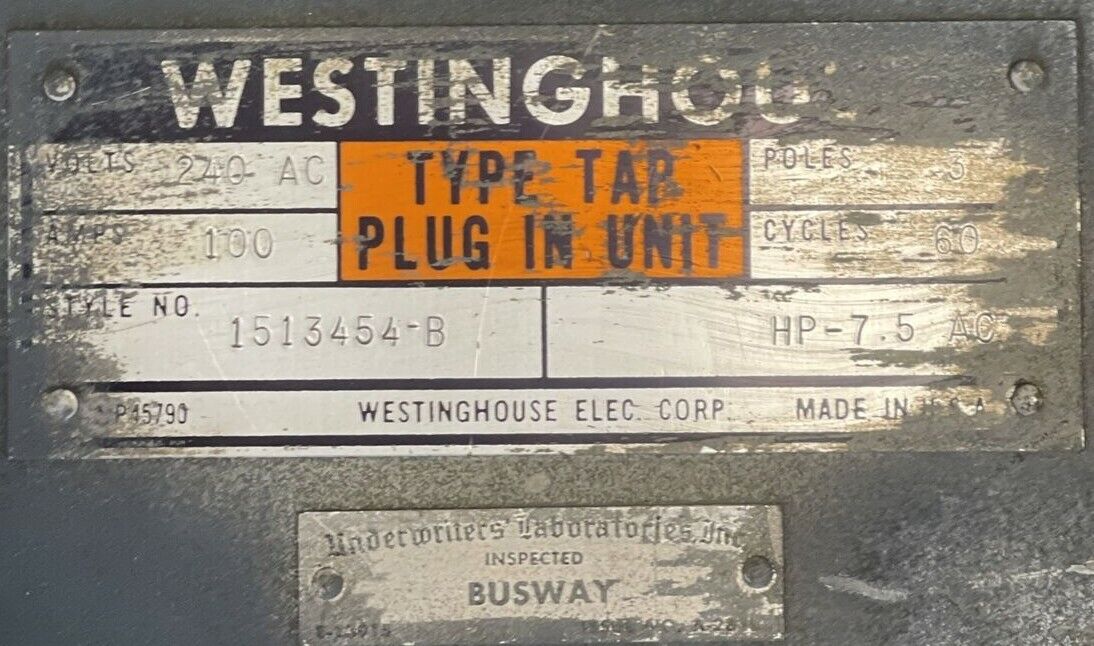 WESTINGHOUSE 1513454-B TYPE TAP PLUG IN UNIT 240VAC 100AMP 3POLE 7.5HP FUSIBLE
