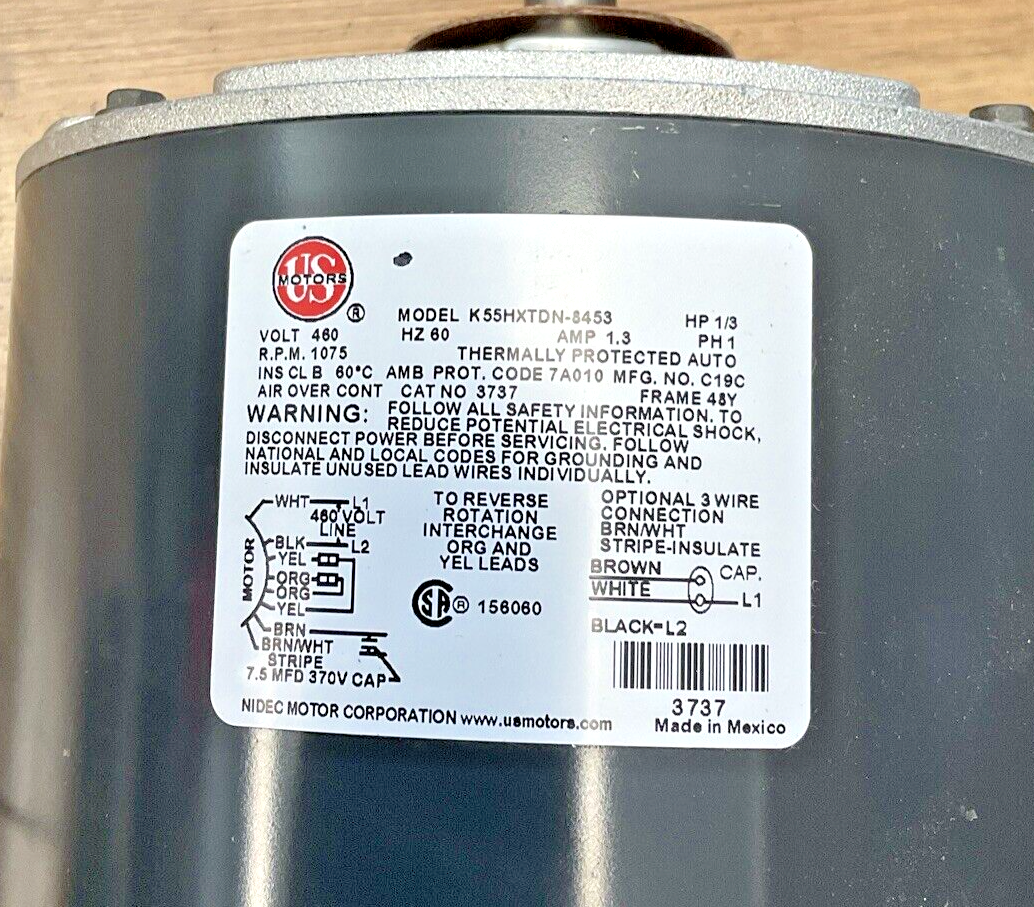 US MOTORS K55HXTDN-8453 CONDENSER FAN MOTOR HP 1/3 RPM 1075 1.3A PH1
