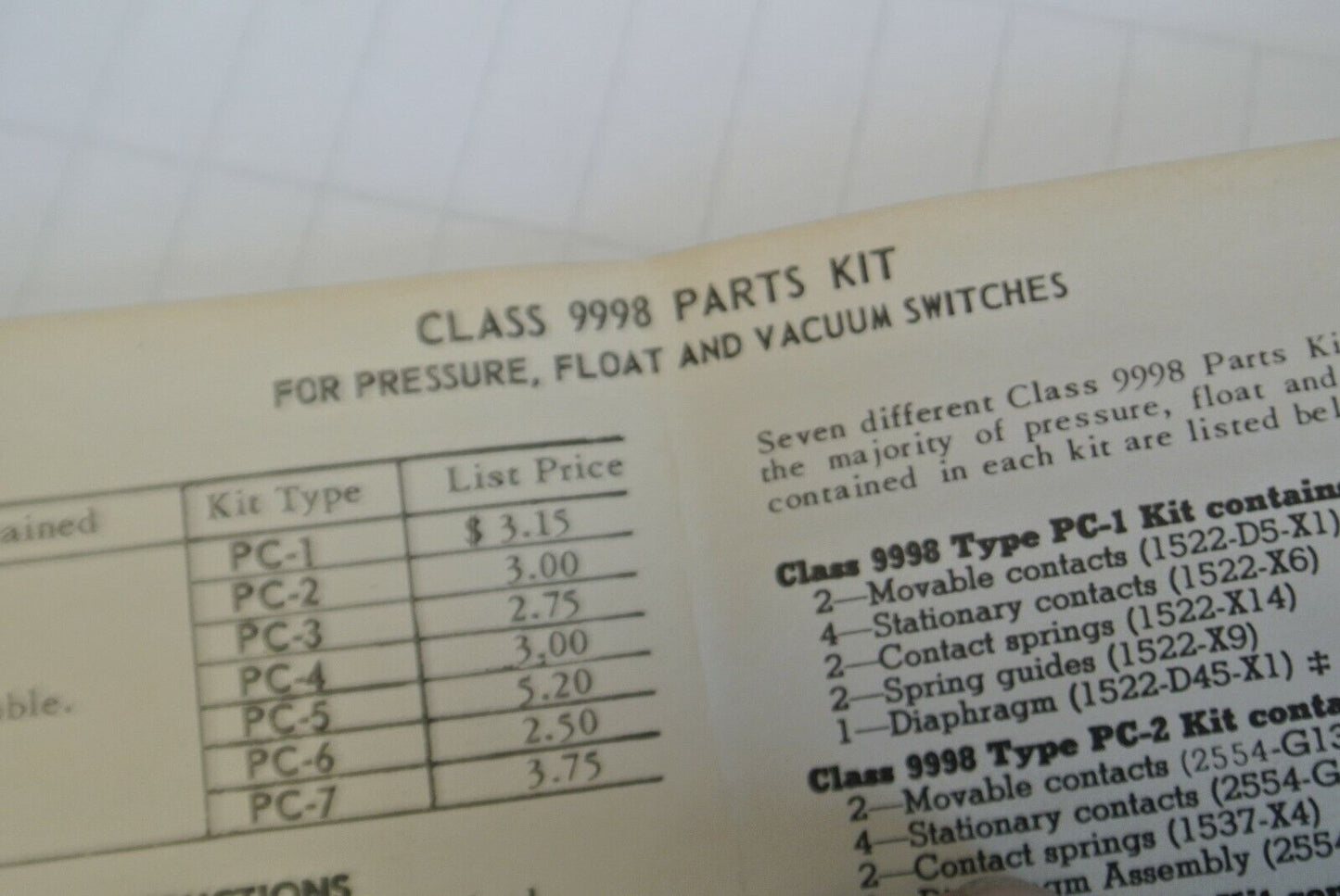 SQUARE D / 9998 PC-6 REPLACEMENT CONTACT KIT for 9013 TYPE JSG / NEW SURPLUS