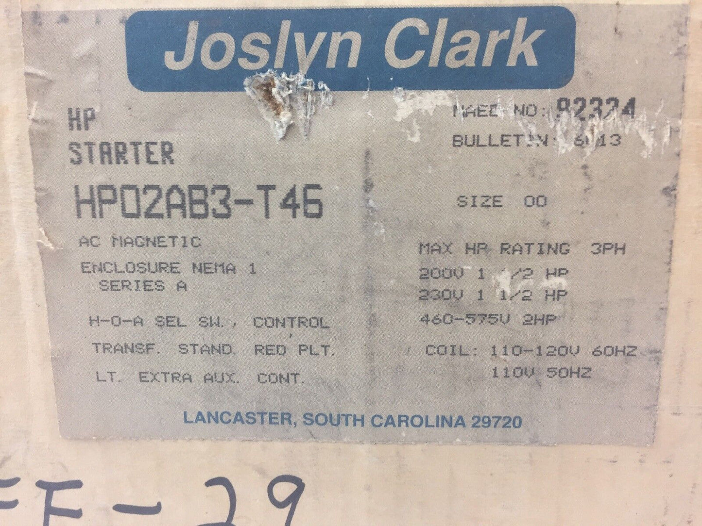 JOSLYN CLARK HP02AB3-T46 HP STARTER 600VAC SIZE 00 2HP COIL 110-120V 60HZ