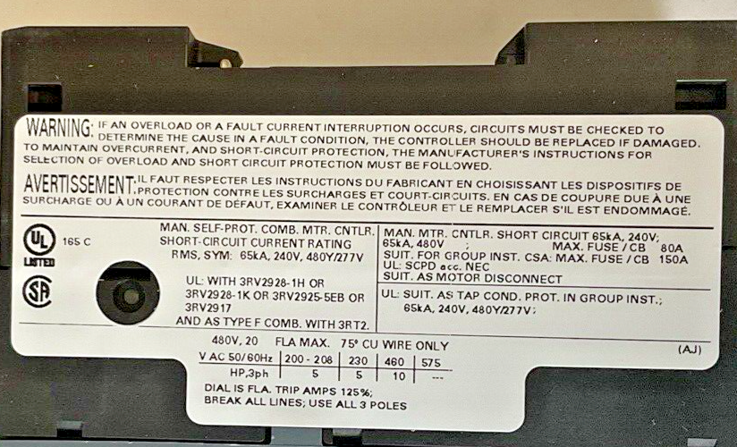 SIEMENS 3RV2021-4BA10 MOTOR CONTROL 13-20A 50HZ