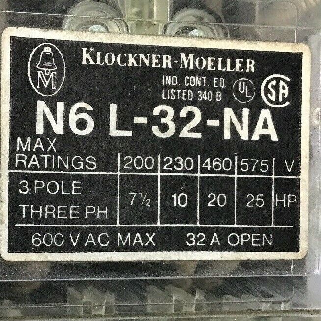 KLOCKNER MOELLER N6 L-32-NA CIRCUIT INTERRUPTER 600VAC 32A