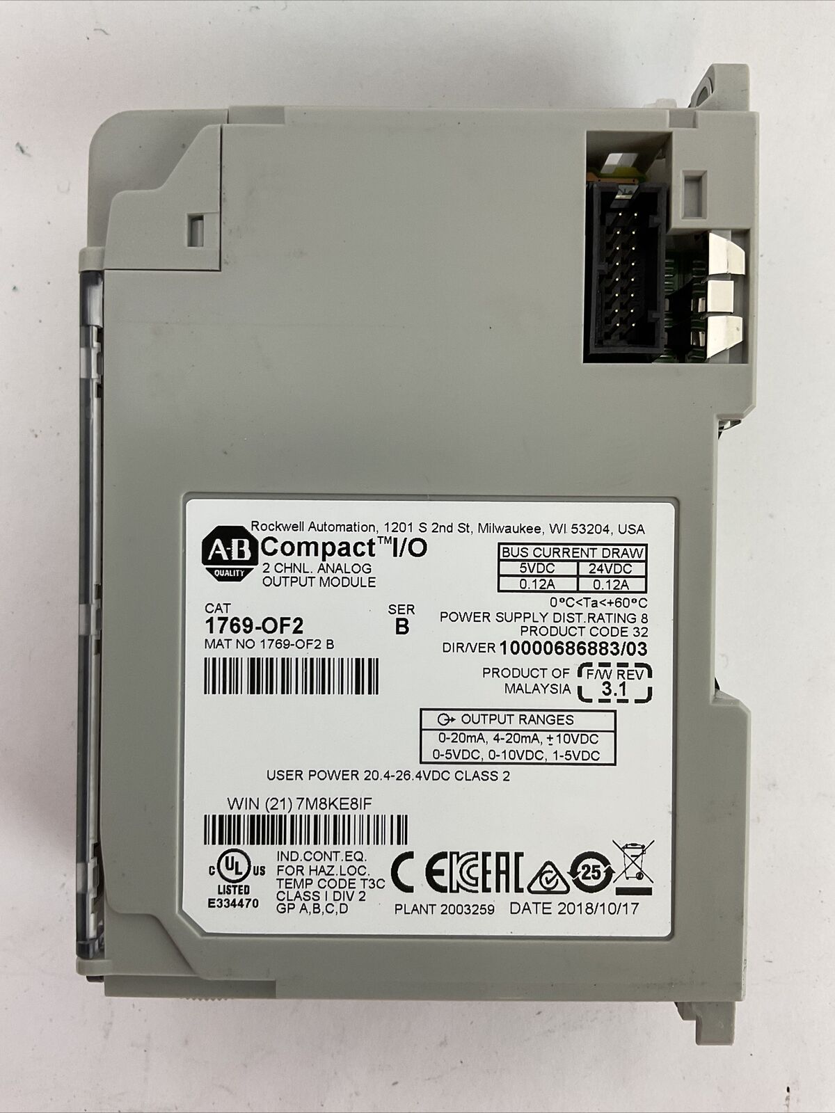 ALLEN BRADLEY 1769-OF2 SER B F/W REV 3.1 DIR/VER 10000686883/03 2CH ANALOG OUTPU