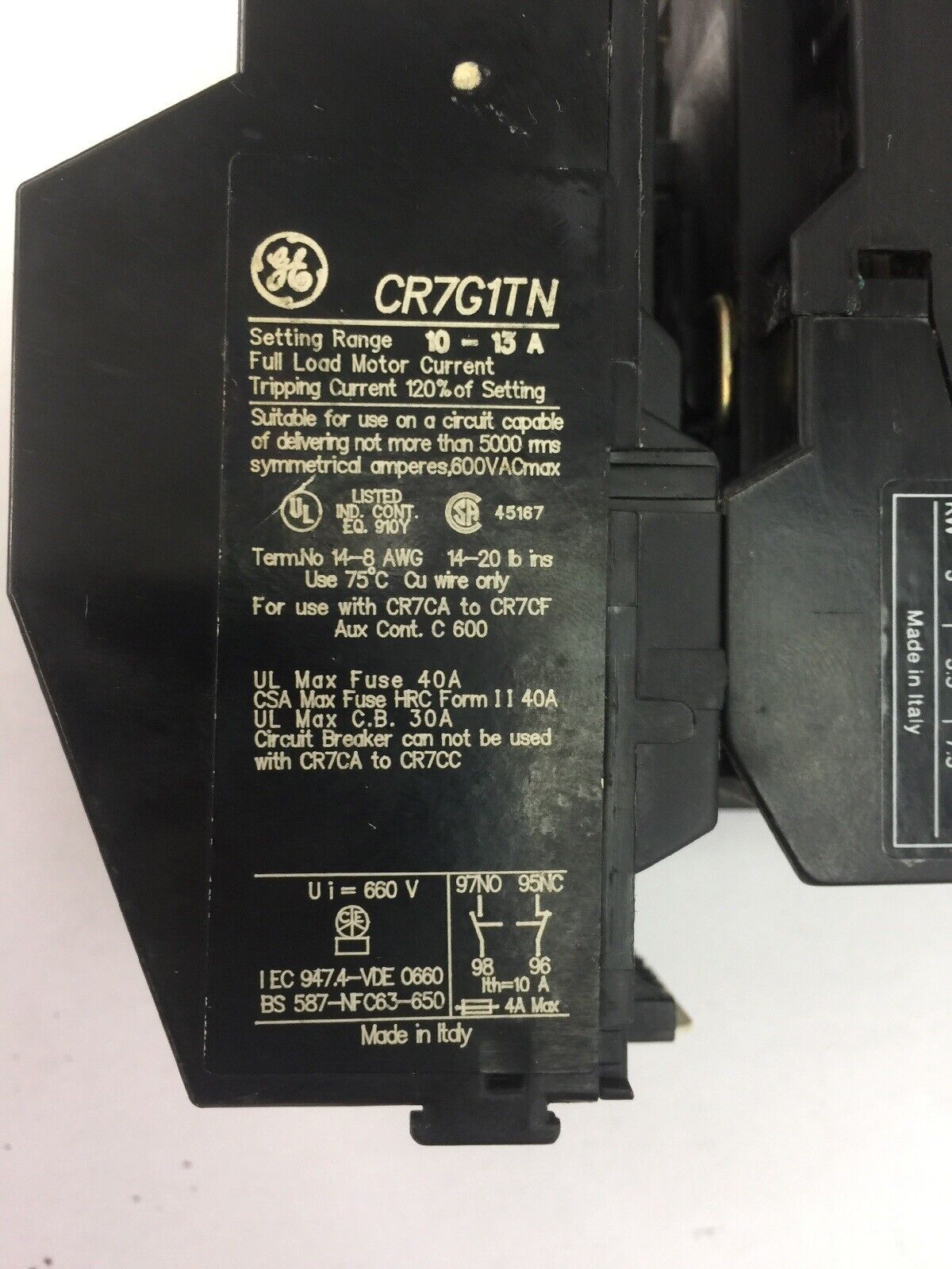 GE STARTER CR7ZB CONTACTOR 600VAC 25A 10HP COIL 24V CR7G1TN RELAY 10-13A