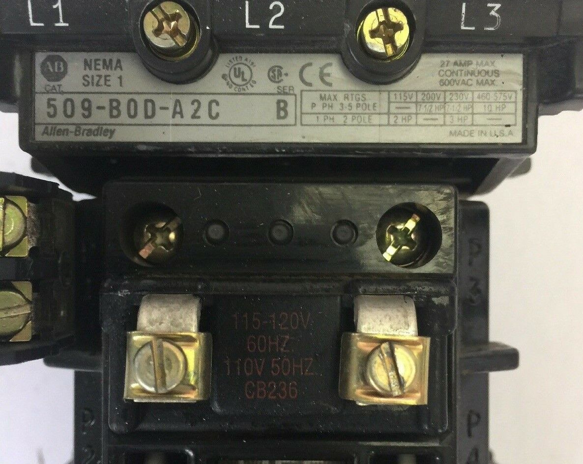 ALLEN BRADLEY 509-B0D-A2C SIZE 1 STARTER SER B 600VAC 27A 10HP 592-A2CA 595-A