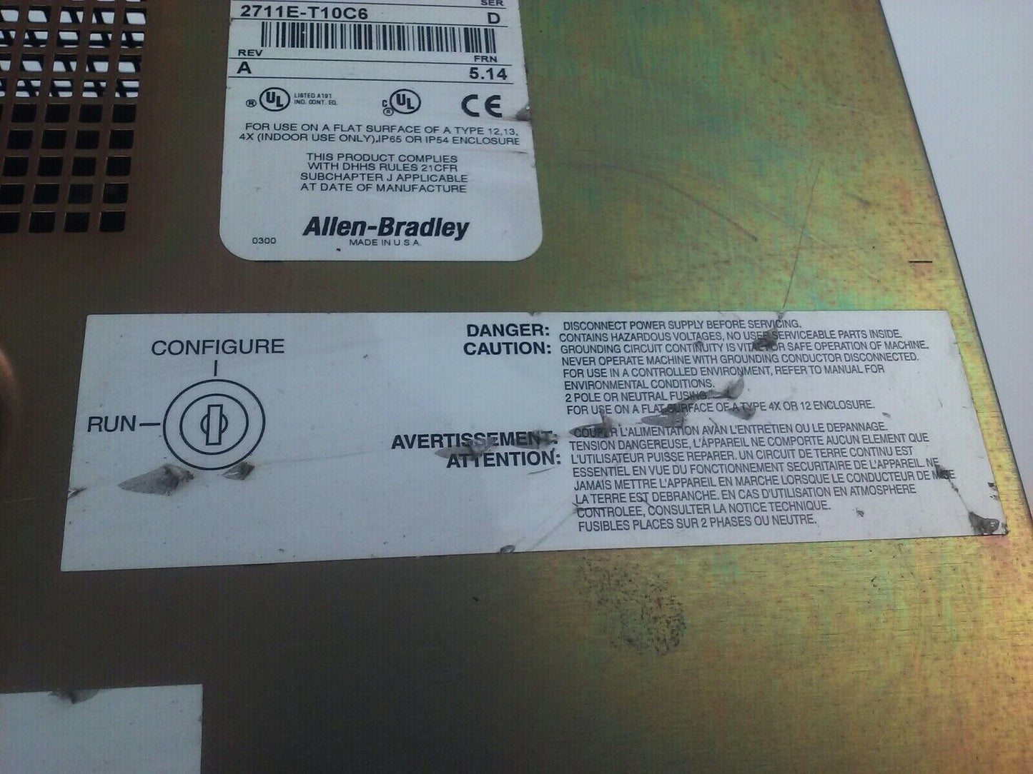 ALLEN BRADLEY 2711E-T10C6 SER. D REV. A PANELVIEW 1000E TERMINAL FRN 5.14