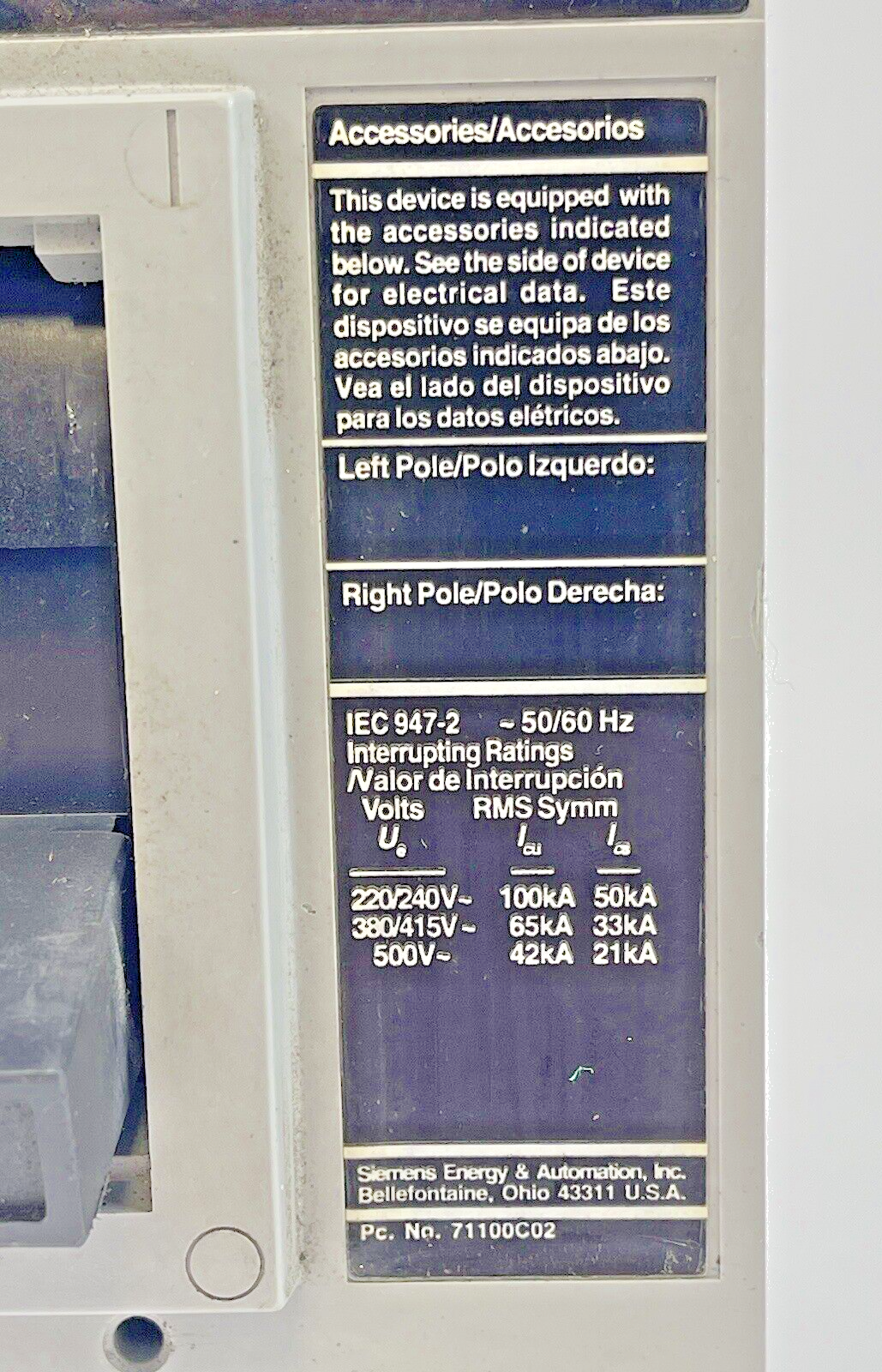 SIEMENS - HFD63F250 SER. A - 250A SENTRON SERIES CIRCUIT BREAKER WITH 225A TRIP