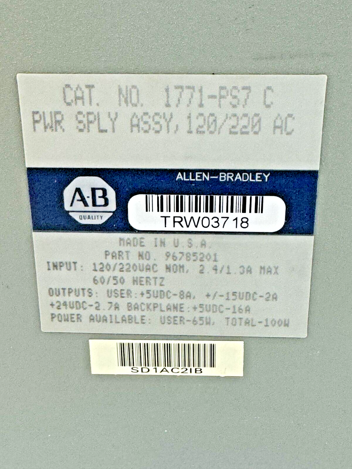ALLEN-BRADLEY - 1771-PS7 SER. C - POWER SUPPLY MODULE - 2.4 A, 220 VAC, 60/50 HZ
