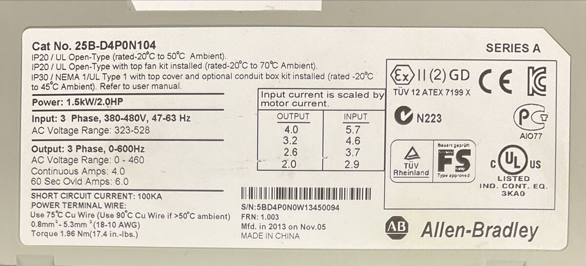ALLEN BRADLEY 25B-D4P0N104 AC DRIVE FRN 1.003 SER A OUTPUT 0-460VAC