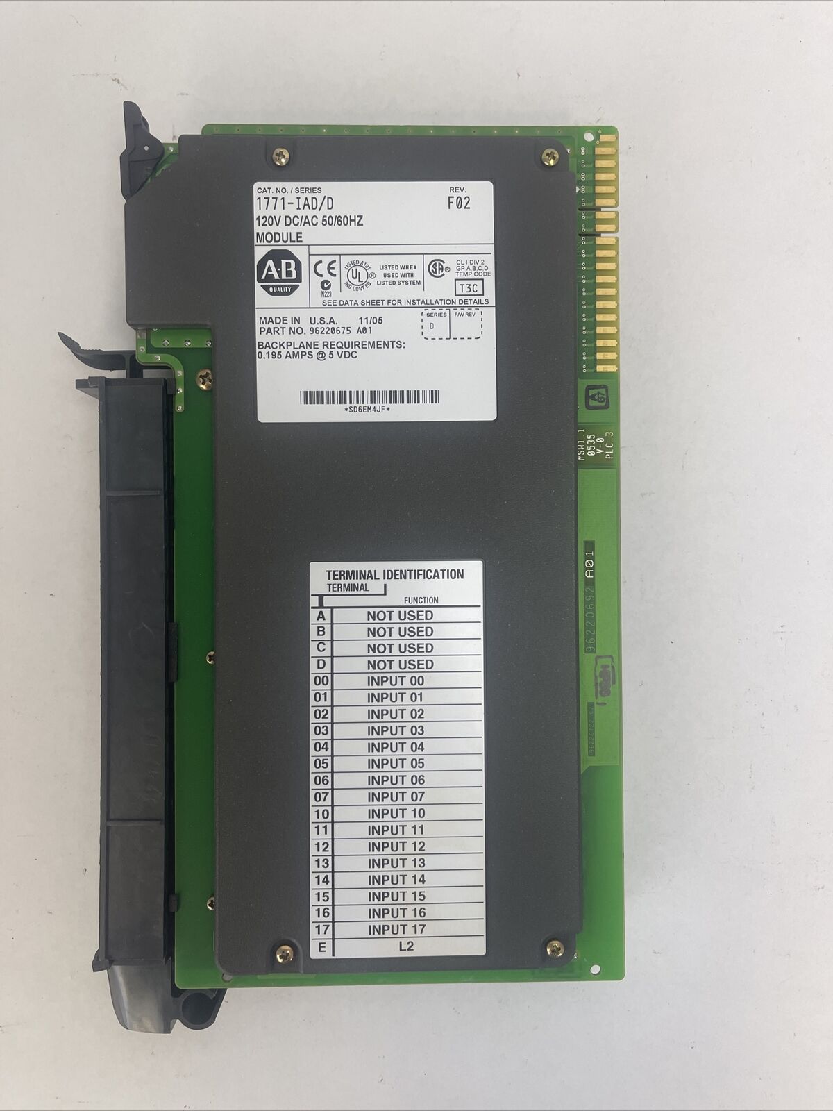 ALLEN BRADLEY 1771-IAD 120V DC/AC 50/60HZ MODULE SERIES D REV F02 0.195AMPS@5VDC