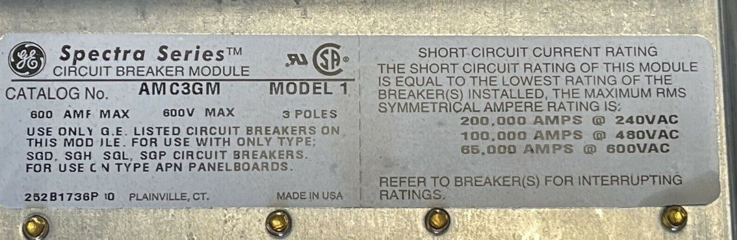 GE AMC3GM SPECTRA SERIES CIRCUIT BREAKER MODULE MODEL 1 3POLES 600AMP 600V
