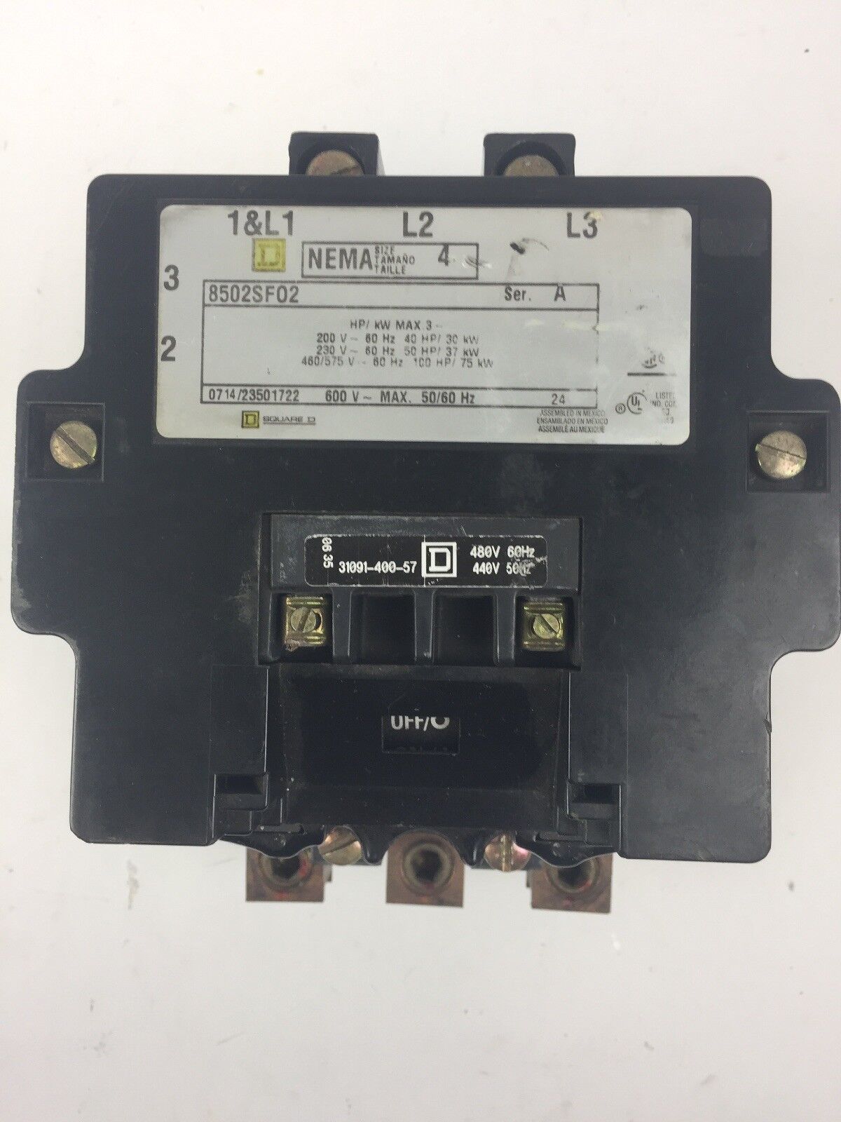 SQUARE D 8502SF02 SIZE 4 CONTACTOR 600V 50/60HZ 31091-400-57 COIL 480V 60HZ