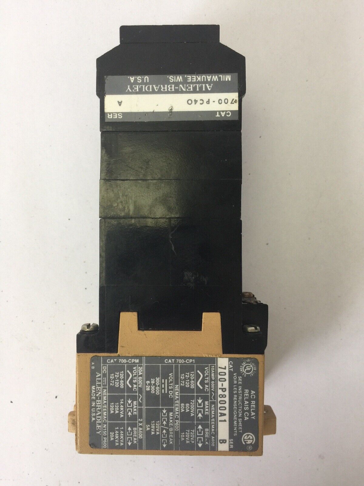 ALLEN BRADLEY 700-P800A1 AC RELAY SER B 600VAC COIL 115-120V 60HZ 700-PC40 SER A