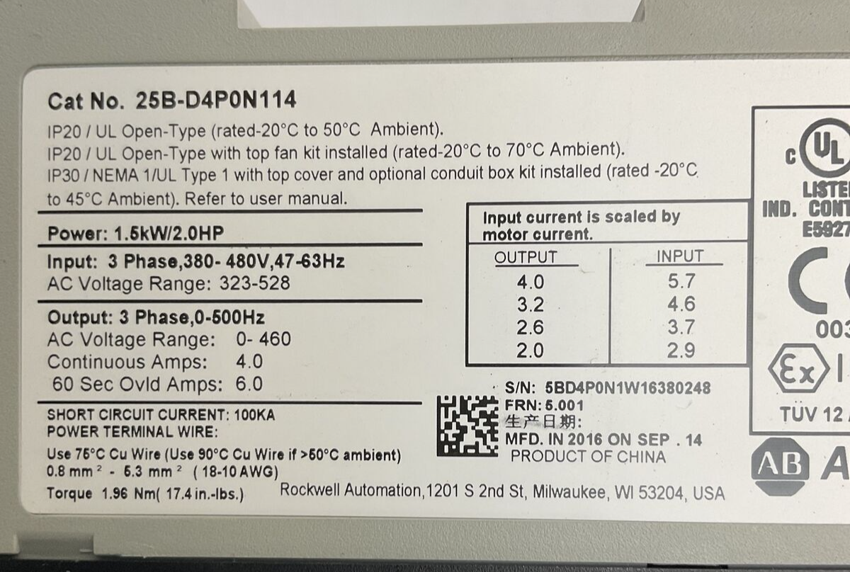 ALLEN BRADLEY 25B-D4P0N114 AC DRIVE SER A FRN 5.001 OUTPUT 0-460VAC