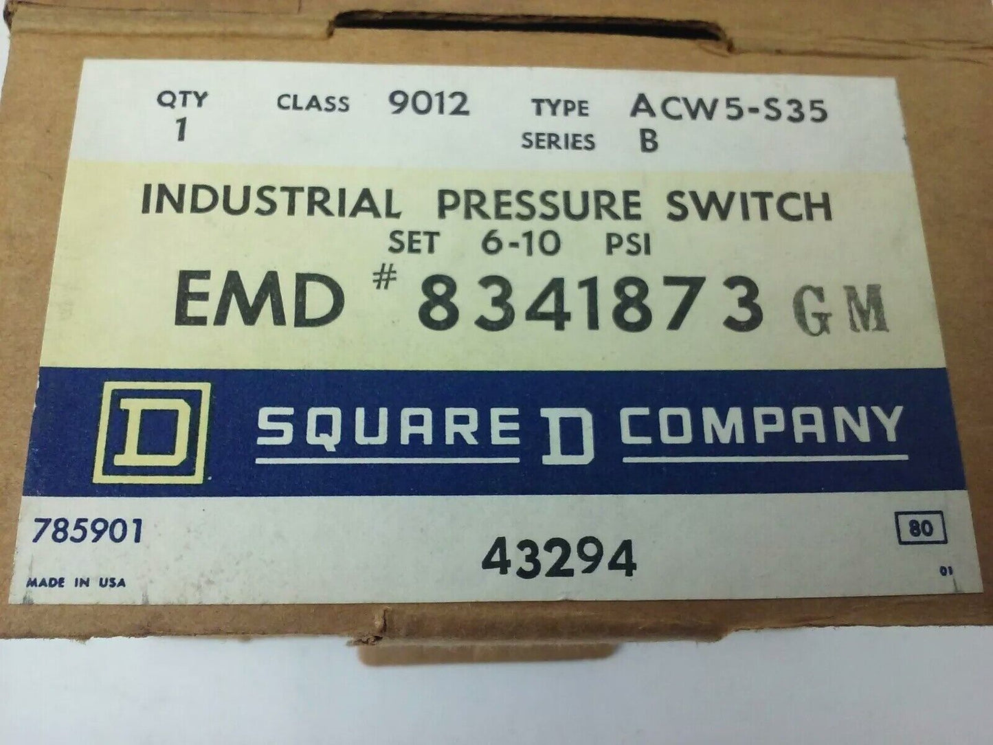 SQUARE D 9012 ACW5-S35 SERIES B, PRESSURE SWITCH, SET 6-10 PSI, 9012 ACW, 600V