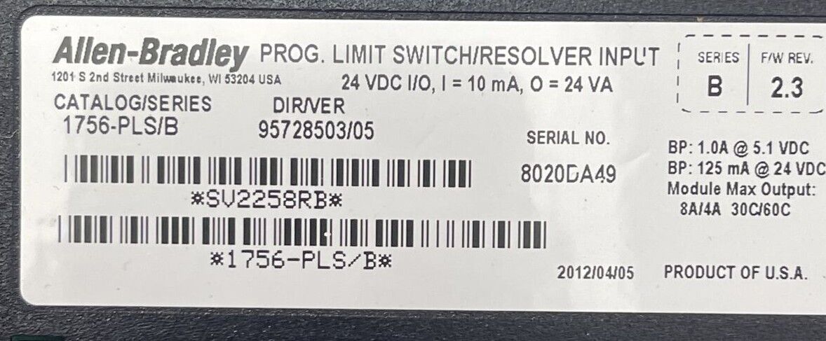 ALLEN BRADLEY 1756-PLS PROG. LIMIT SWITCH/RESOLVER INPUT SER B F/W REV 2.3