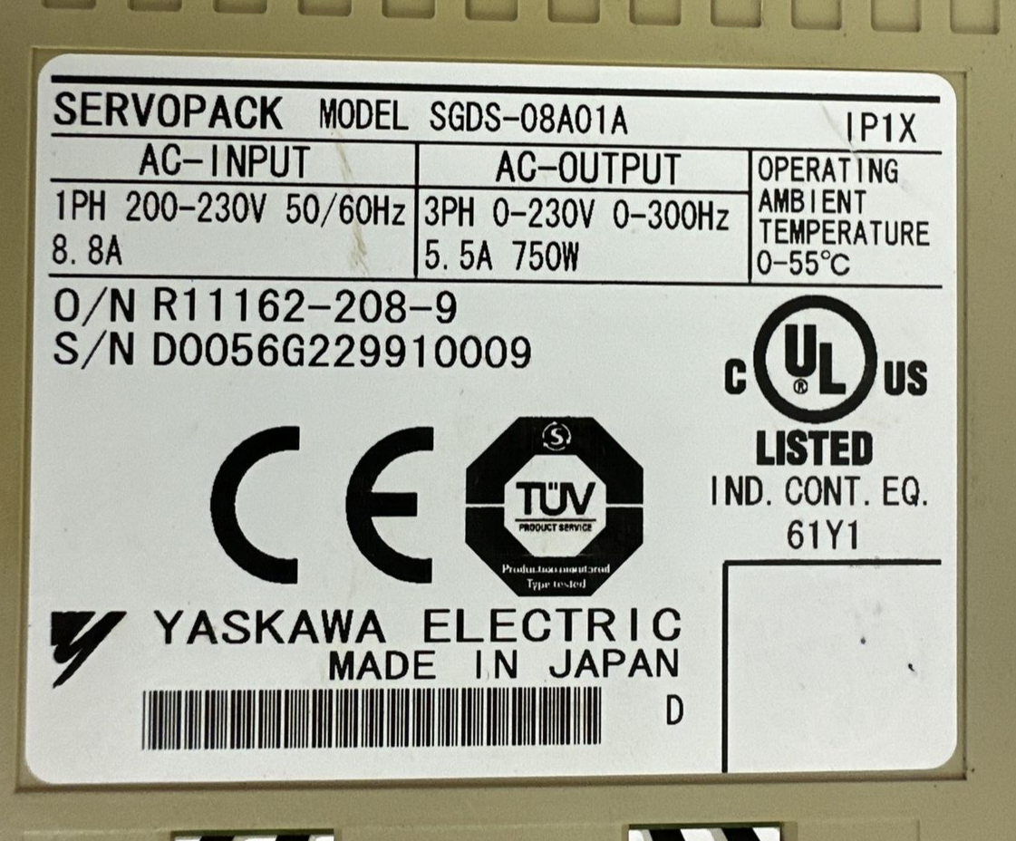 YASKAWA SGDS-08A01A SERVOPACK OUTPUT 3PH 0-230VAC 5.5A 750W INPUT 1PH 200-230VAC